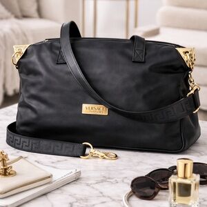 VERSACE Parfums 22" Weekender Bag Black Gold Greek Key Strap Holdall GWP NWOT